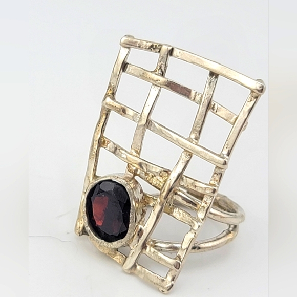 GARNET NET STATEMENT RING HANDMADE IN STERLING SILVER METAL 6 - Picture 2 of 7